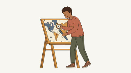 Fototapeta premium Young man studying a world map with compass and ruler for travel planning