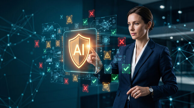 Femme d&rsquo;affaires contr&ocirc;lant une interface de s&eacute;curit&eacute; par intelligence artificielle