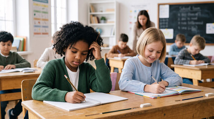 Obraz premium Élèves concentrés pendant un exercice écrit en classe