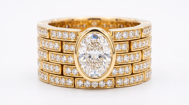Large bague en or sertie de diamants sur fond blanc