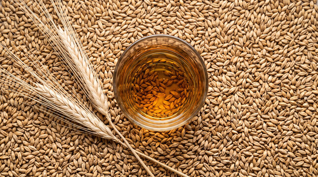 Verre de whisky entour&eacute; de grains et d&rsquo;&eacute;pis de c&eacute;r&eacute;ales