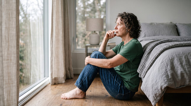 Femme anxieuse assise pr&egrave;s de son lit et regardant par la fen&ecirc;tre