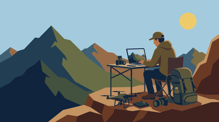 Freelance Drone Pilot Editing Aerial Footage at Scenic Mountain Overlook © Bima