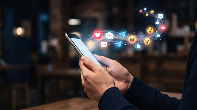 Main utilisant un smartphone avec ic&ocirc;nes de r&eacute;seaux sociaux