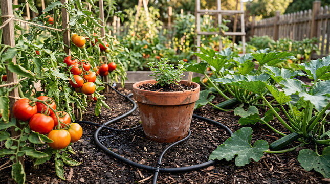 Potager urbain avec tomates, courgettes et syst&egrave;me d&rsquo;arrosage