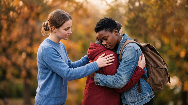 Femme r&eacute;confortant un jeune homme en d&eacute;tresse