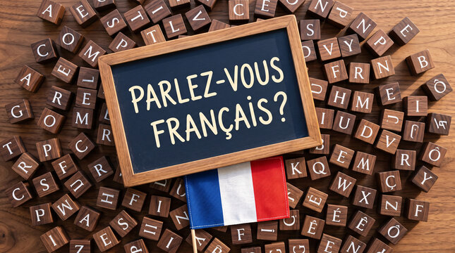 Tableau &laquo; Parlez-vous fran&ccedil;ais ? &raquo; entour&eacute; de lettres en bois
