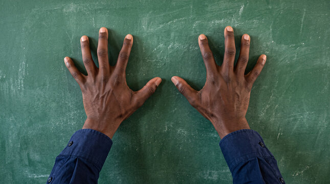 Mains d&rsquo;une personne pos&eacute;es sur un tableau vert