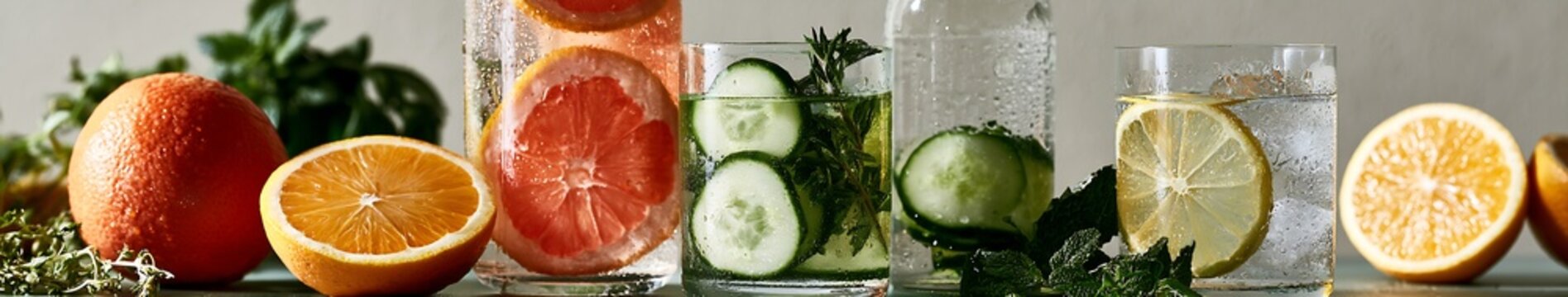 Refreshing Drink Citrus and cucumber infused water in glass bottle and tumblers with fresh mint and condensation