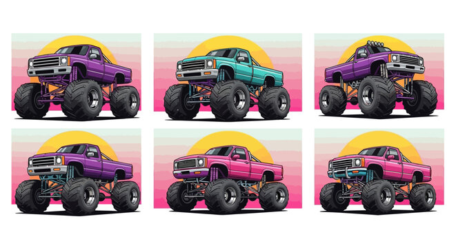 Retro Style Monster Truck Illustrations with Big Tires Set