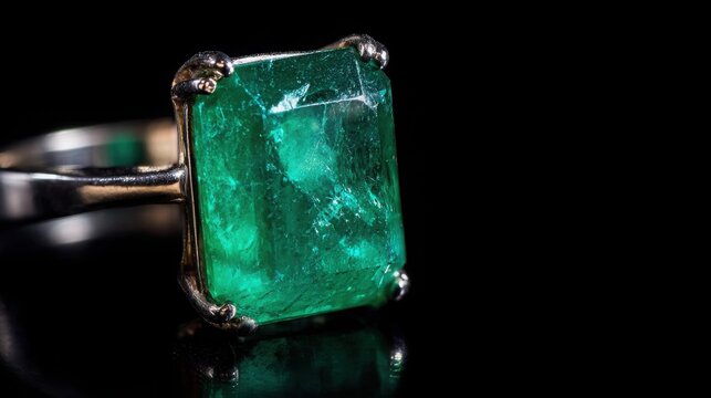 Brilliant faceted emerald gemstone set in intricate gold ring displaying rich green luster