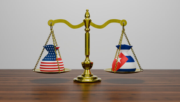 Diplomacy and Scales of Justice: A symbol of international relations, scales of justice balance the weight of two nations represented by flag-emblazoned money bags.