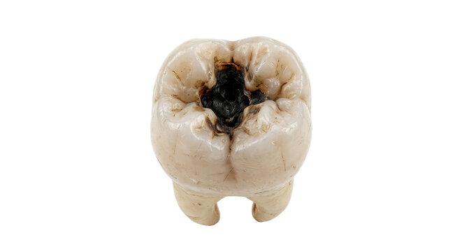 Macro shot of three molar teeth with deep black cavities isolated on white background showing severe dental decay and oral health issues.