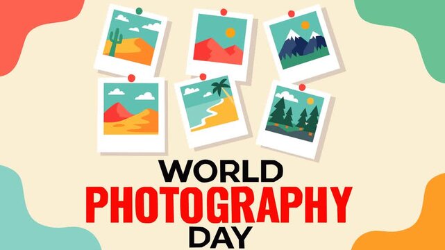 Colorful World Photography Day footage featuring a collage of travel photos showcasing mountains, beaches, forests, and deserts
