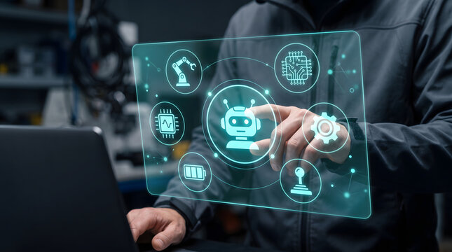 Robotics Engineer Operating Futuristic Automation Control Interface for Intelligent Machines and Systems
