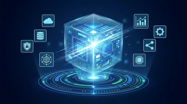 Holographic digital cube with technology icons on dark blue background