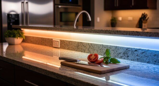 Powered LED strip lighting casting adjustable color tones on kitchen counters enhancing mood and workspace during evening cooking.