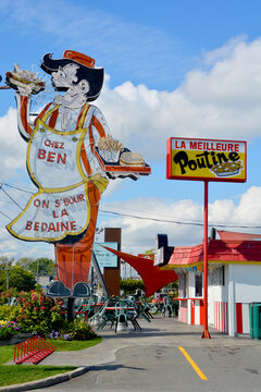 GRANBY QUEBEC CANADA: Sign of Cantine Ben La Bedaine fast food restaurant some of the best Quebecois comfort food available.