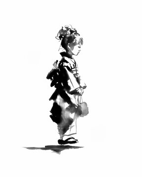 晴れ着の女の子 七五三 墨絵イラスト

