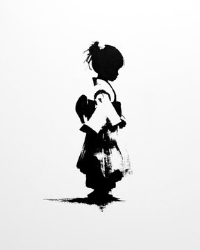 晴れ着の女の子 七五三 墨絵イラスト

