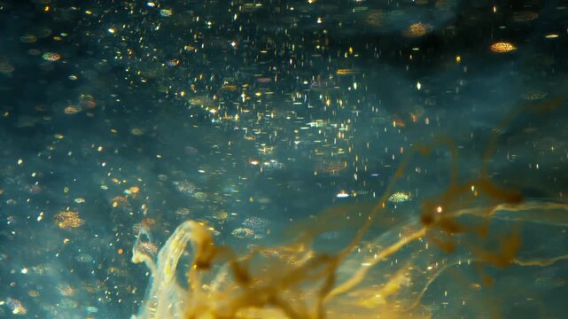 4K Teal Liquid with Golden Glitter Particles. Abstract Fluid Motion Background, Macro Texture Video, 2160p