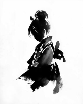 晴れ着の女の子 七五三 墨絵イラスト

