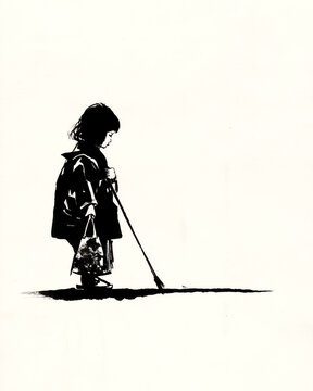 千歳飴を持つ子ども 七五三 墨絵イラスト
