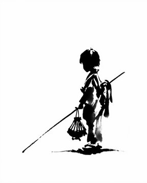 千歳飴を持つ子ども 七五三 墨絵イラスト
