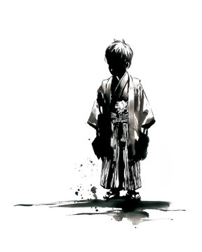 袴姿の男の子 七五三 墨絵イラスト

