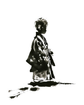 袴姿の男の子 七五三 墨絵イラスト

