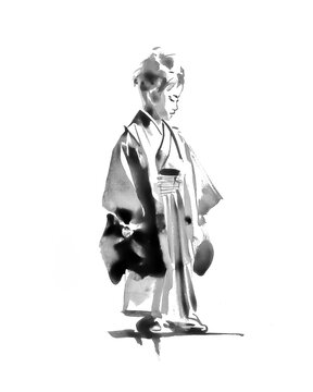 袴姿の男の子 七五三 墨絵イラスト

