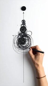 Hand drawing chaotic scribbles ascending a minimalist arrow
