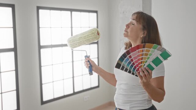 Woman holds paint roller and fans color swatches while inspecting ceiling in a building interior; decision home renovation.