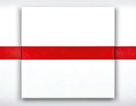 Crisp white canvas bisected horizontally by a vibrant red satin ribbon
