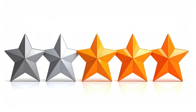 Five stars, two silver and three orange, on a reflective white surface