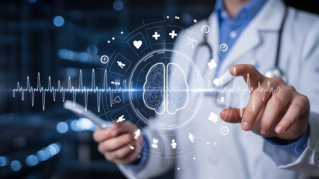 Doctor interacts with a digital brain interface to analyze medical data for patient health diagnosis.