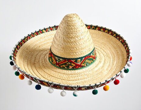 Traditional woven straw hat with colorful pom-poms and decorative band