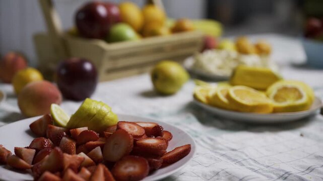 Tracking shot moving smoothly across counter filled with various fruit