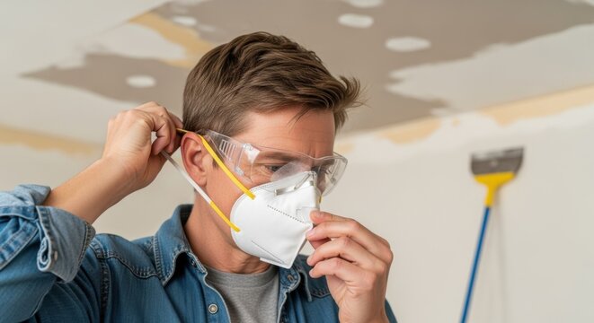 DIY enthusiast fitting a ventilation mask and eye protection before starting popcorn ceiling scraping focusing on health and safety measures.