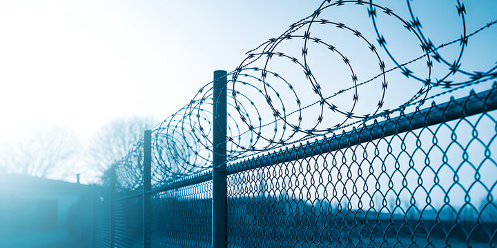 Barbed wire fence with razor wire coils stretching into the distance under a bright sky Keywords