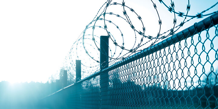 Barbed wire fence with razor wire coils stretching into the distance under a bright sky Keywords