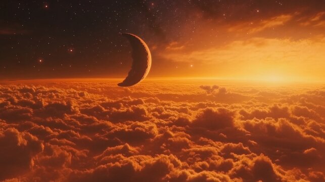 Romantic Moon In Starry Night Over Clouds