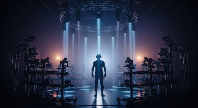 Ambient lighting installation paired with extensive volumetric camera arrays creating a highfidelity environment for immersive VR motion capture.