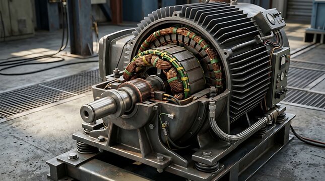 High-Power Industrial Electric Motor with Exposed Copper Windings and Internal Rotor Components