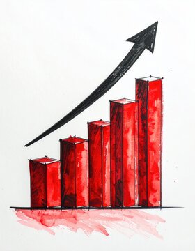 Red bar graph with black arrow pointing upwards, indicating growth