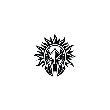 Spartan Warrior Helmet and Sun Icon Logo