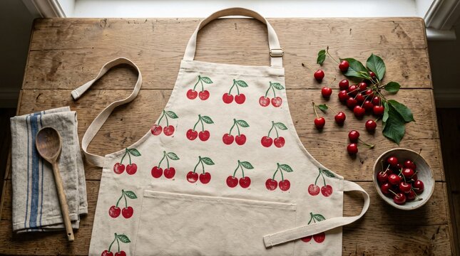 Vintage linen apron with cherry pattern on rustic wooden table, kitchen still life with fresh red cherries and wooden spoon