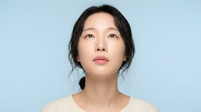 Portrait of young asian woman with natural makeup looking up against blue background, self care