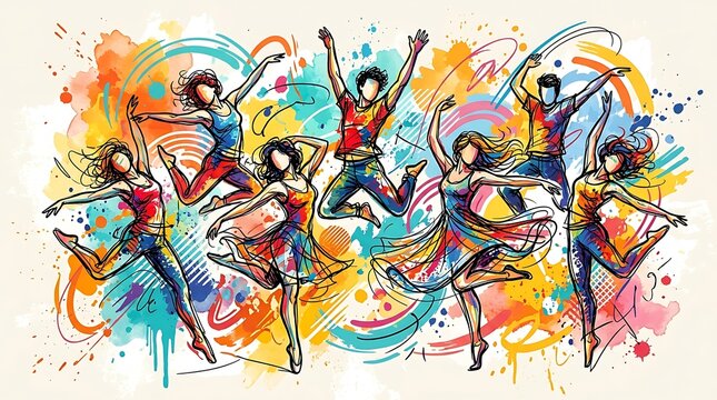 Colorful watercolor illustration of diverse dancers jumping and dancing in energetic motion