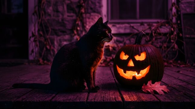 Black cat sitting next to a glowing jackolantern on a wooden porch